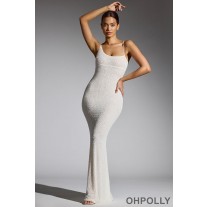 Oh Polly Embellished Asymmetric Maxi Dress in White