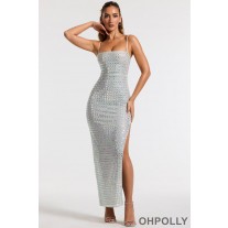 Oh Polly Embellished Square Neck Evening Gown in Silver