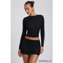 Oh Polly Modal Ruched Long-Sleeve Top in Black