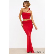 Oh Polly Slinky Jersey Rose Detail Mid-Rise Maxi Skirt in Scarlet Red