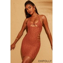 Oh Polly Cut Out Halter Neck Mini Dress in Rust