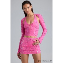 Oh Polly Embellished Cut-Out Halterneck Top in Bubblegum Pink