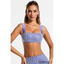 Oh Polly Embellished Square Neck Crop Top in Blue