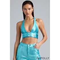 Oh Polly Metallic Denim Belted Crop Top in Aqua