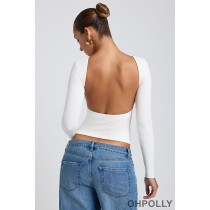 Oh Polly Modal High Neck Long Sleeve Open Back Top in White