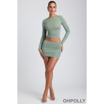 Oh Polly Modal Ruched Mid-Rise Mini Skirt in Sage Green