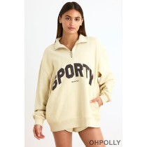 Oh Polly Quarter-Zip Sweatshirt in Bone