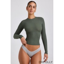 Oh Polly Ribbed Modal Crew Neck Top in Khaki Green