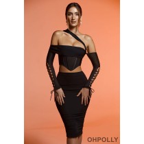 Oh Polly Ruched Midi Skirt in Black