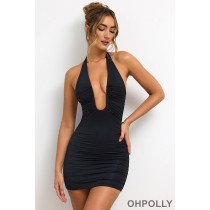 Oh Polly Slinky Jersey Plunge Neck Ruched Mini Dress in Black