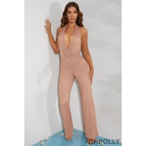 Oh Polly Tall Embellished Plunge Neck Jumpsuit in Beige