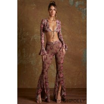 Oh Polly Tall Split Flare Ruffle Trousers in Beige Print