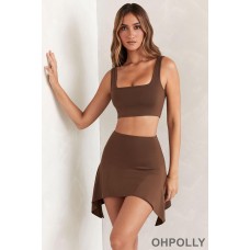 Oh Polly Asymmetric Hem Mini Skirt in Brown