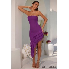 Oh Polly Bandeau Ruffle Asymmetric Hem Midi Dress in Purple