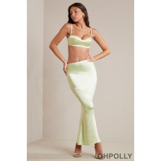 Oh Polly Bias Cut Satin Maxi Skirt in Lime