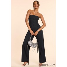 Oh Polly Brushed Twill Bandeau Corset Jumpsuit in Black