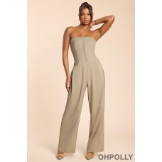 Oh Polly Brushed Twill Bandeau Corset Jumpsuit in Taupe