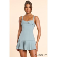 Oh Polly Brushed Twill Drop Waist Kilt Mini Dress in Stone Blue