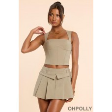 Oh Polly Brushed Twill Mid Rise Pleated Micro Mini Skirt in Taupe