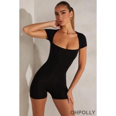 Oh Polly Cap Sleeve Square Neck Unitard in Black