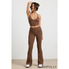 Oh Polly Chunky Knit Kick Flare Trousers in Espresso