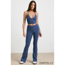 Oh Polly Chunky Knit Kick Flare Trousers in Washed Navy