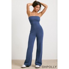 Oh Polly Chunky Knit Kick Flare Unitard in Washed Navy