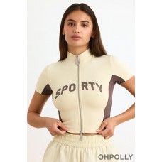 Oh Polly Colourblock Zip-Up Crop Top in Bone