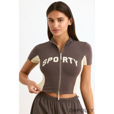 Oh Polly Colourblock Zip-Up Crop Top in Espresso