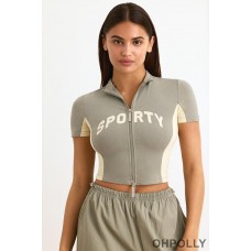 Oh Polly Colourblock Zip-Up Crop Top in Mineral