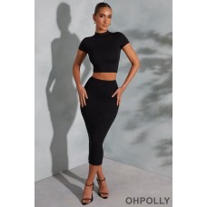 Oh Polly Contrast Stitch Midaxi Skirt in Black