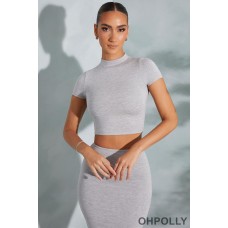 Oh Polly Contrast Stitch Turtleneck Crop Top in Marled Grey