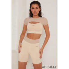 Oh Polly Contrast Waist Cycle Shorts in Beige