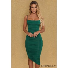 Oh Polly Cowl Neck Ruched Bodycon Midi Dress in Green