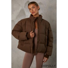 Oh Polly Cropped Puffer Jacket with Detachable Sleeves in Cocoa Brown