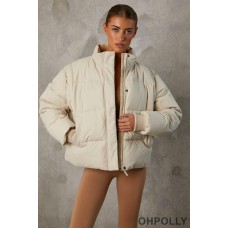 Oh Polly Cropped Puffer Jacket with Detachable Sleeves in Sand