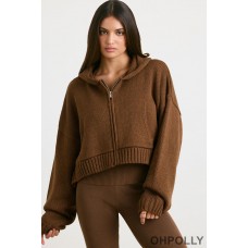 Oh Polly Cropped Zip Up Chunky Knit Hoodie in Espresso