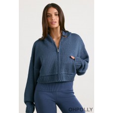 Oh Polly Cropped Zip Up Chunky Knit Hoodie in Washed Navy