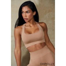 Oh Polly Cut Out Define Luxe Sports Bra in Warm Taupe