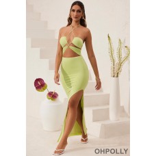 Oh Polly Cut Out Halter Neck Floor Length Maxi Dress in Lime Green