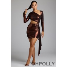 Oh Polly Cut Out Metallic Jersey Mini Dress in Copper Bronze