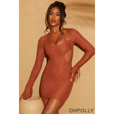 Oh Polly Cut Out Sleeve Mini Dress in Rust