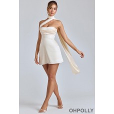 Oh Polly Draped Halterneck Satin Mini Dress in Ivory