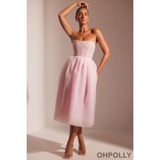 Oh Polly Embellished Corset Tulle Skirt Midi Dress in Blush