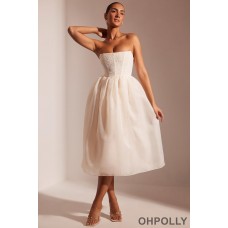 Oh Polly Embellished Corset Tulle Skirt Midi Dress in Ivory