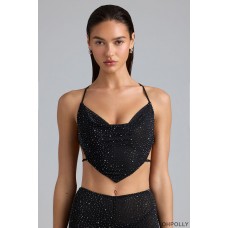 Oh Polly Embellished Cowl-Neck Crop Top in Black