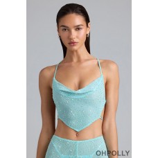 Oh Polly Embellished Cowl-Neck Crop Top in Ice Blue