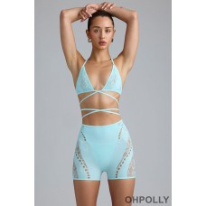 Oh Polly Embellished Cross-Strap Bikini Top in Ice Blue