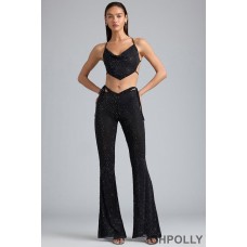 Oh Polly Embellished Cut-Out Flared Trousers in Black