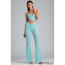 Oh Polly Embellished Cut-Out Flared Trousers in Ice Blue